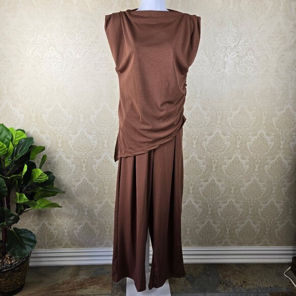 Zestora Size Small Brown 2 Piece Pant Set Bateau Neckline Elastic Pull On Pants - Picture 1 of 15